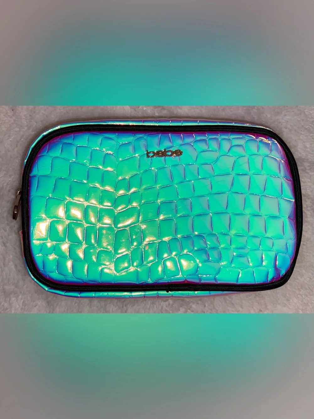 bebe Iridescent Turquoise Croc-Embossed Cosmetic Case